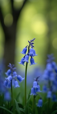 Bluebell flowers bloom in lush green environment