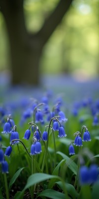 Bluebell flowers bloom in a lush green forest area