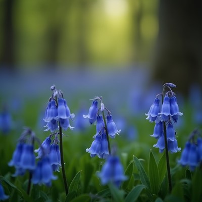 Blooming bluebell flowers in a tranquil forest setting