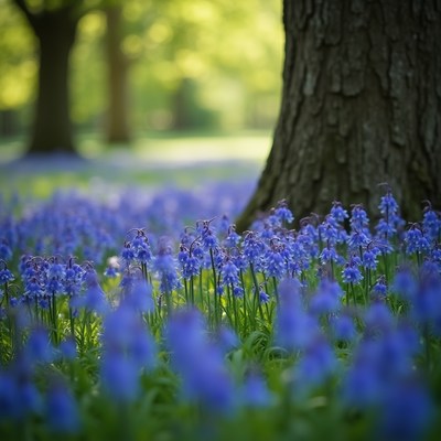 Bluebells bloom in a sunlit forest glade