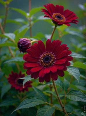 Bright red flowers bloom in a lush garden setting