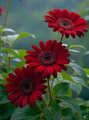 Red flowers bloom in a serene garden setting during daylight