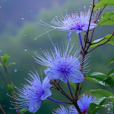 Vibrant blue flowers blooming in refreshing rainfall