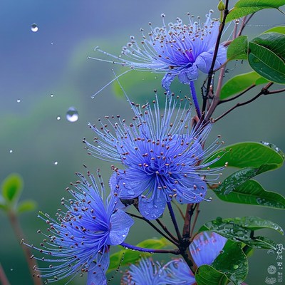 Beautiful blue flowers with raindrops in a misty forest