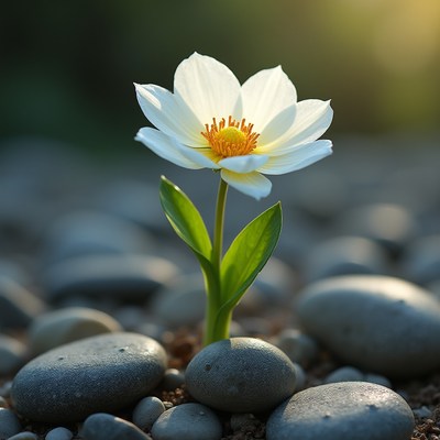 White flower blooming between smooth stones in sunlight