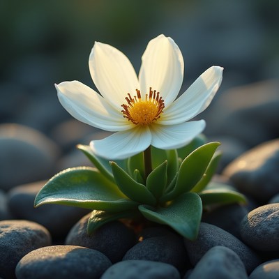 Blooming white flower among smooth pebbles in soft light