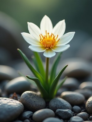 Beautiful white flower blooming among smooth pebbles