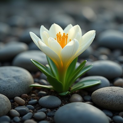 White flower blossoms among smooth stones in serene setting