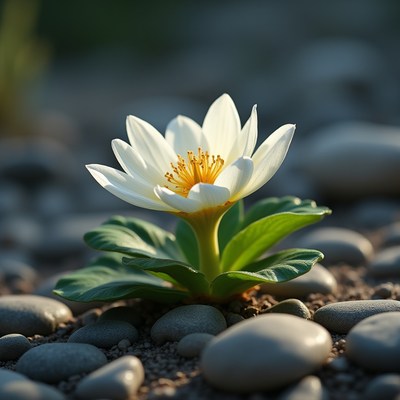 White water lily blooms on pebbled shore in sunlight