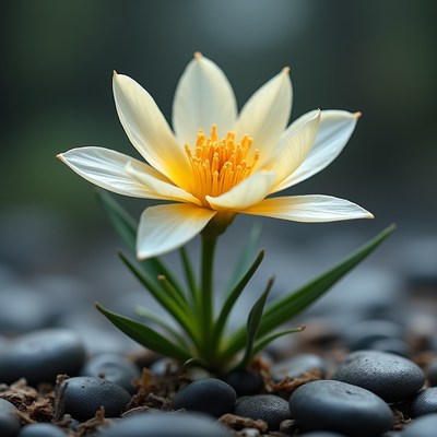 Beautiful white flower blooming among smooth stones
