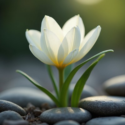 White flower blooming among grey pebbles in sunlight