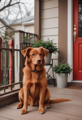 Golden dog sitting on porch in front of house