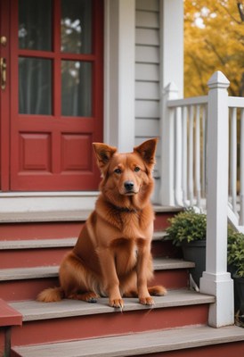 Dog sitting on porch steps in autumn setting