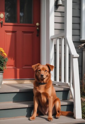 Dog sitting proudly on porch steps by red door