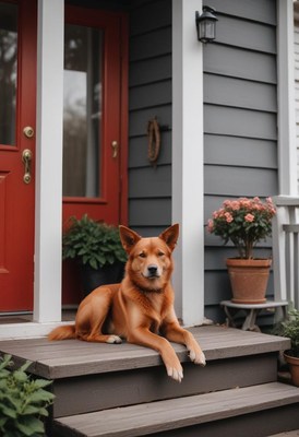 Red door welcomes relaxed dog on porch steps