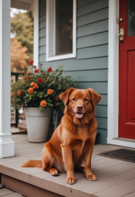 Dog sitting on porch with flowers and red door