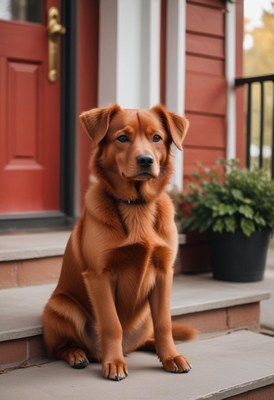 Dog sitting on porch steps in front of red door