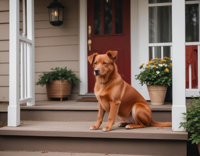 Dog sitting calmly on porch steps during sunny day