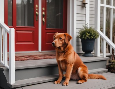 Golden retriever resting on porch steps at cozy home