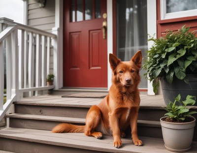 Dog relaxing on porch steps of a cozy home