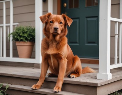 Dog sitting on porch steps in a cozy neighborhood