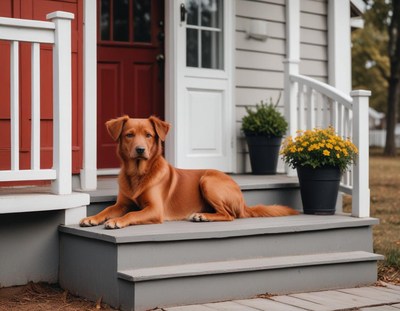 Dog relaxes on porch steps at home with flowers