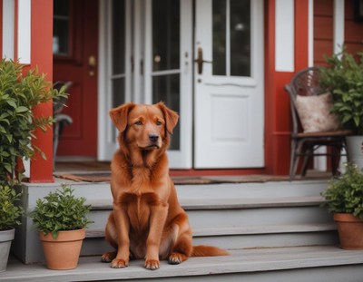 Dog sitting on porch of a red house with potted plants