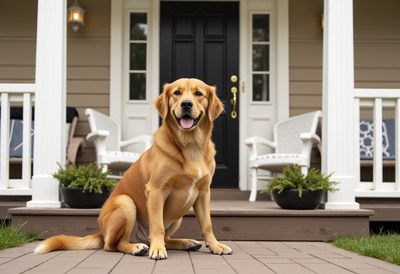 Golden retriever sitting proudly on the porch