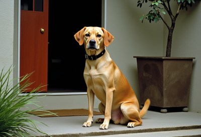 Dog sitting patiently on porch during bright afternoon
