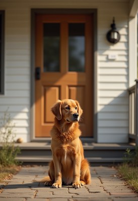 Golden retriever sitting at home entrance in sunlight