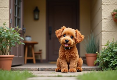Cute fluffy dog sitting on the doorstep
