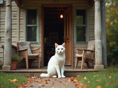 White cat resting on pathway in a cozy porch setting