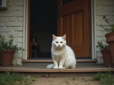 White cat sitting on porch steps in a serene setting