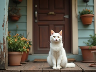 White cat sitting on porch in vibrant garden setting
