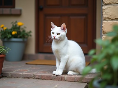 White cat sitting on steps near a wooden door
