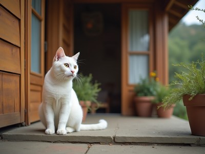 White cat sitting outside a wooden house in the garden