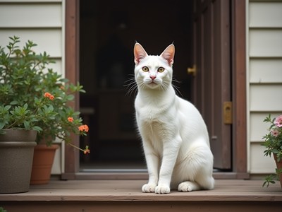 White cat sitting gracefully on porch steps