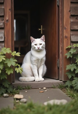 White cat relaxing at the entrance of a wooden house