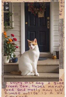 Cat sitting on porch steps surrounded by flowers