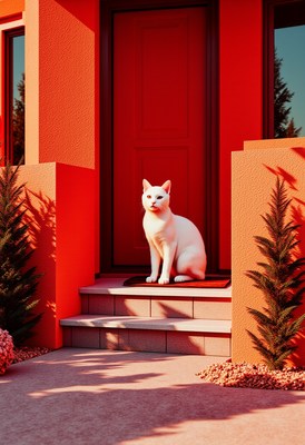 White cat sitting on steps of red house entrance
