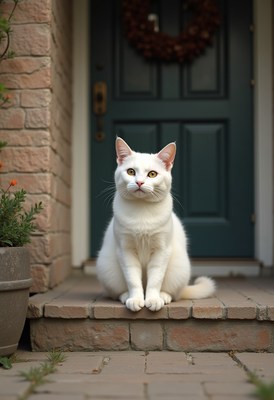White cat seated on porch steps in front of door