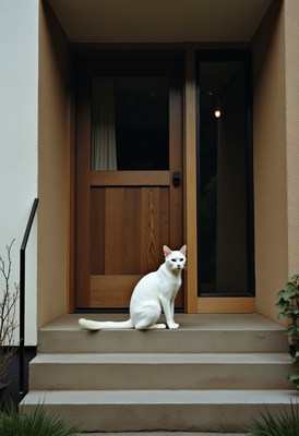 White cat sits on steps of modern house entrance