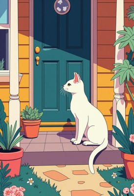 White cat sitting by a colorful front door
