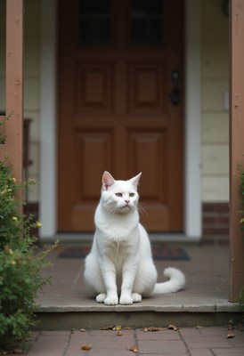 White cat resting on porch steps during quiet afternoon