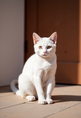 White cat sitting calmly in sunlit room