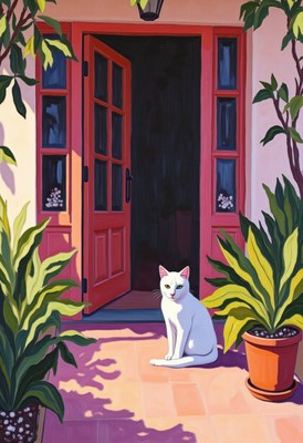White cat sitting at a vibrant doorway with plants