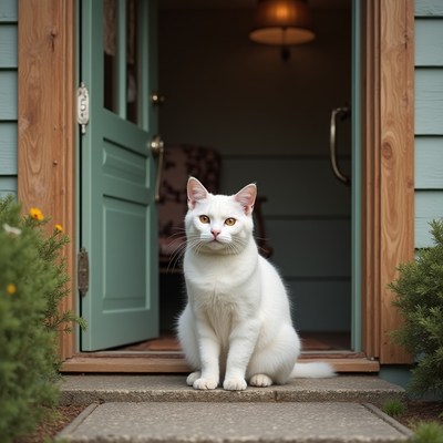 White cat sits at the door of a cozy house