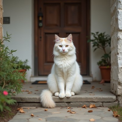 White cat sitting on doorstep surrounded by foliage
