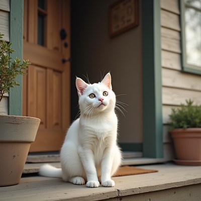White cat sitting on porch steps in a cozy setting