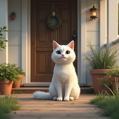 White cat sitting at the doorstep on a sunny day